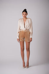 Deep Plunge Parachute Sleeve Satin Blouse